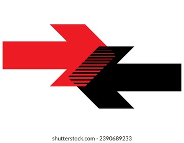 Striped vector arrows in the opposite direction. Red and black. Pointer. Navigation. Modern pattern. Vector background.