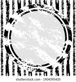 Striped vector background with abstract shapes in scribble or doodle style in black moonochrome color and with white circle as a template for your social media content and banners or flyers.