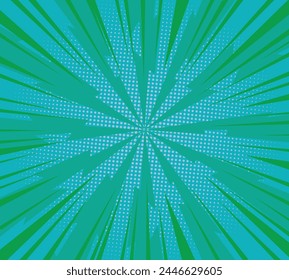 Striped Vector green Explode Flash against teal background. Pop up radial colorful comics art. Cartoon funny retro pattern strip mock up. Vector lightning blast halftone dots.