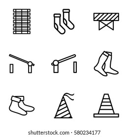 striped vector icons. Set of 9 striped outline icons such as barrier, socks, cone, party hat