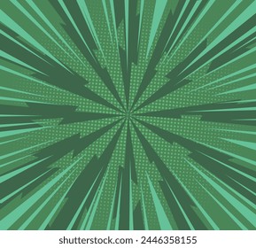 Striped Vector light and dark green Explode Flash against green background. Pop up radial colorful comics art. Cartoon funny retro pattern strip mock up. Vector lightning blast halftone dots. EPS 10