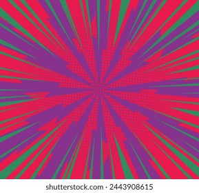 Striped Vector purple and green Explode Flash against red background. Pop up radial colorful comics art. Cartoon funny retro pattern strip mock up. Vector lightning blast halftone dots.