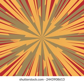 Striped Vector Red and grey Explode Flash against yellow background. Pop up radial colorful comics art. Cartoon funny retro pattern strip mock up. Vector lightning blast halftone dots. EPS 10