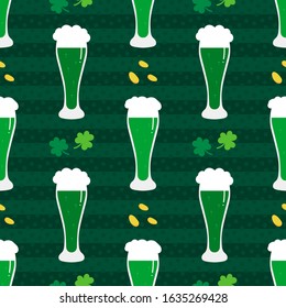 Striped vector seamless pattern background with green beer and clover, shamrock leaves for St.Patrick's Day design.