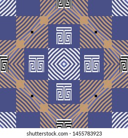 Striped vector seamless pattern. Greek style ornamental stripes background. Geometric repeat backdrop with lines, squares, rhombus, greek key meander ornaments. Ornate modern geometry design.