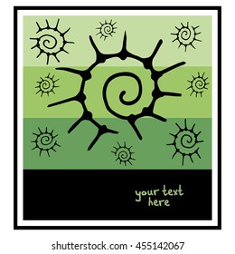 Striped Vector square frame with African ornaments. 
Symbolic image of the sun. Handmade. There is a place for your text. It can be used for packaging, invitations, greeting cards, etc.