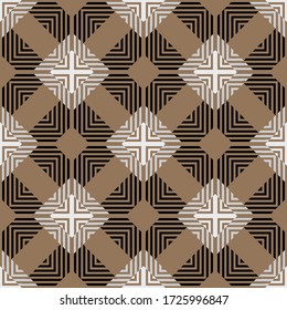 Striped vector tartan ethnic tribal seamless pattern. Ornamental stripes plaid background. Geometric repeat textured ornament. Grunge stripes, lines, rhombus, zigzag. Scottish material. Texture design