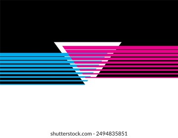 Striped vector transition from black to white with cyan and purple lines. For packaging, covers, textiles, advertising, web design. Vector design element. Pattern of lines with a triangle in the cente