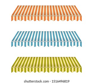 Striped vintage awning set, realistic vector mockup illustration. Outdoor canopy for building exteriors decoration, mock-up. Tent roof for facade design, template.