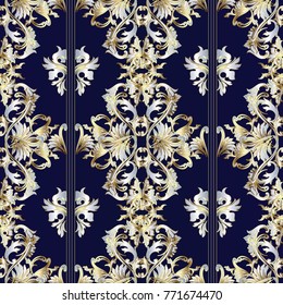 Striped vintage Baroque seamless pattern. Floral vector background. Damask gold silver ornaments, stripes, scrolls, leaves. 3d wallpaper. Royal surface texture. rich design for wallpapers, fabric.