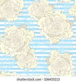 Striped vintage seamless pattern with peonies and hand painted textured paisley elements in pastel tones. Vector illustration