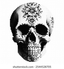 Striped visual illusion of a human skull in grayscale.