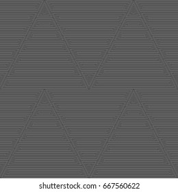 Striped wallpaper. Repeated white figures outlines on black background. Seamless surface pattern design with linear ornament. Interlocking slabs motif. Digital paper with triangles and trapezoids.
