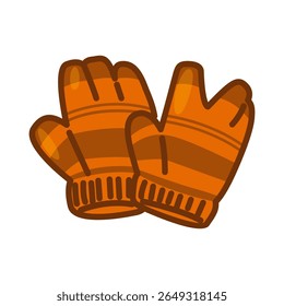 Striped Warm Winter Mittens. Cozy orange and brown striped mittens, knitted fabric, flat cartoon style illustration on clean background.