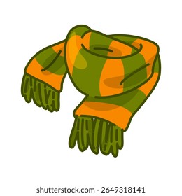 Striped Warm Winter Scarf. Cozy green and orange scarf with tassels, soft fabric, flat style illustration on clean background.