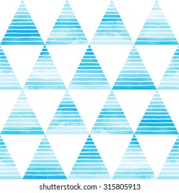 Striped watercolor triangles seamless vector pattern. Bright sky blue triangles with white hand drawn stripes on white backdrop. Abstract geometrical background. 