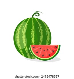 Striped watermelon slice icon on a white background. For social media design, mobile app, website, poster, banner. Delicious and healthy food. Vector graphics 