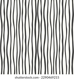 Striped wave pattern background. Vector seamless repeat pattern of hand drawn organic wavy black and white stripes. Fun hand drawn geometric design element.