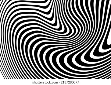 Ondas rayadas de líneas negras curvadas sobre un fondo blanco. Fondo vectorial rayado moderno en blanco y negro