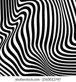 Striped waves from curved black lines on a white background. Waves shape decoration. Optical illusion stripes style. Graphic design element with distorted lines. EPS vector illustration