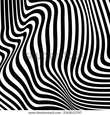 Striped waves from curved black lines on a white background. Waves shape decoration. Optical illusion stripes style. Graphic design element with distorted lines. EPS vector illustration
