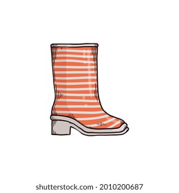 Striped Wellington rubber boot with square heel. Cartoon drawing of orange and white pair of wellie shoe, female autumn footwear from side view, isolated vector illustration