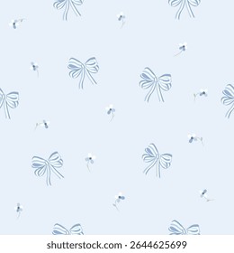 striped white blue bows and flowers seamless pattern , vector , illustration