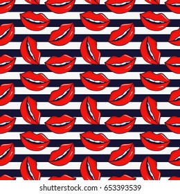 Striped white and dark blue background with red lips. Seamless pattern. Vector illustration.