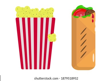 Striped white and red box with popcorn and shawarma. Kebab with fresh and tasty meat, tomatoes, green salad and ketchup sauce. Vector EPS10 flat icons illustration on isolated white background. 
