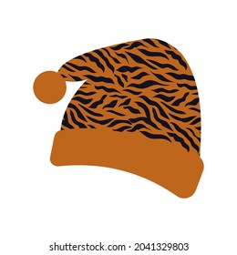 Striped winter Christmas hat with bubo on a white background. Trendy tiger print. Vector.