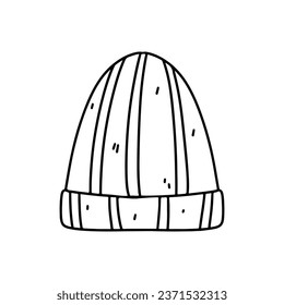 Striped winter hat. Hand drawn doodle style. Vector illustration isolated on white. Coloring page.