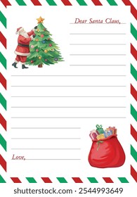 Striped wish letter to Santa Claus with Christmas elements including Santa character, Christmas tree, and red bag with presents, perfect for holiday designs.