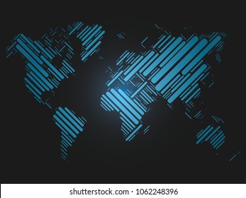 Striped world map. Blue led light futuristic design on dark background. Vector illustration.