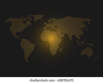 Striped world map. Orange led light futuristic design on dark background. Vector illustration.