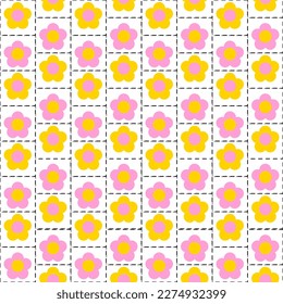Striped yellow flower and pink flower for background . Flowers in square frames. Square pattern for background.