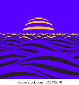  a striped yellow moon rising or setting on a blue and black stylized sea