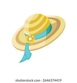 Striped Yellow Sun Hat – Wide-Brimmed Beige and Yellow Hat with Blue Ribbon and Flower Accent