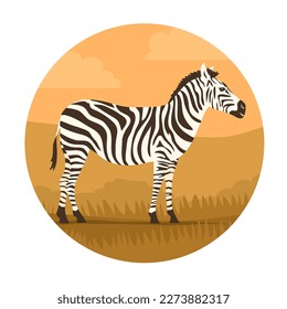 Striped zebra on the background of the wild savannah. Herbivorous hoofed mammal. African wild animal. Fauna and zoology. Cartoon vector illustration