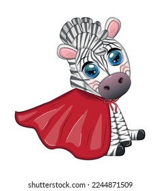 Striped zebra in a red coat. super hero child character.