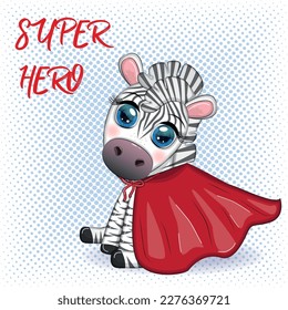 Striped zebra in a red coat. super hero child character.