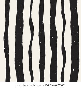 Striped Zebra Seamless Pattern with texture. Hand drawn black and white abstract background with stripes. Animal skin. Repeat vector illustration with vintage shabby effect.