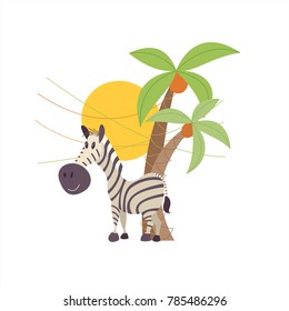 Striped Zebra stith under the palm trees. The African animals. Vector illustration. Isolated on a white background.