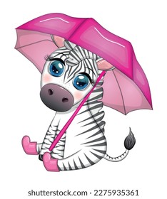 Striped zebra with umbrella, cute kid character. Autumn is coming, rain and yellow leaves.