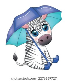 Striped zebra with umbrella, cute kid character. Autumn is coming, rain and yellow leaves.