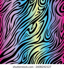 Striped zebra vector pattern seamless with multicolored hologram rainbow stripes. Endless print for clothes and fabric in bright summer style. Trendy neon print of fashionable safari.