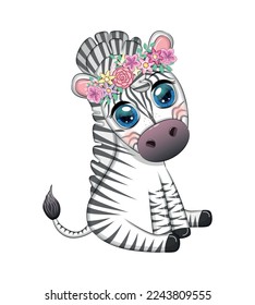 Striped zebra in a wreath of flowers, with a bouquet. Spring is coming.