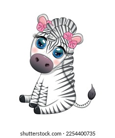 Striped zebra in a wreath of flowers, with a bouquet. Spring is coming.