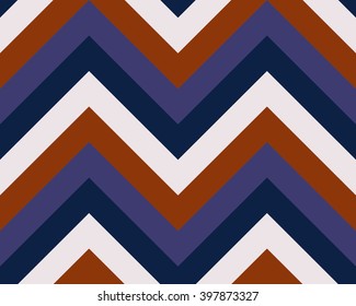 Striped, zigzagging seamless pattern. Zig-zag line texture. Stripy geometric background. Orange, blue, white contrast colored. Vector