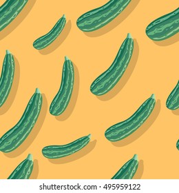 Striped zucchini vector seamless pattern. Flat style illustration. Group of green squashes on yellow background. Vegetable ornament. For packaging, wrapping paper, printings, grocery store ad 