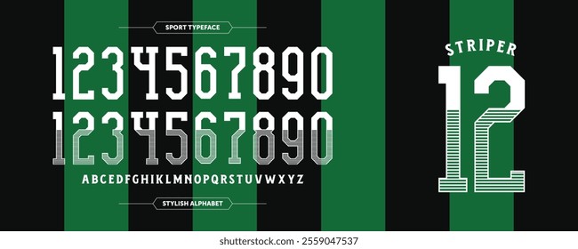 Striper 12: A green-black jersey design concept with ultra high number. Custom sport uniform vector illustration.